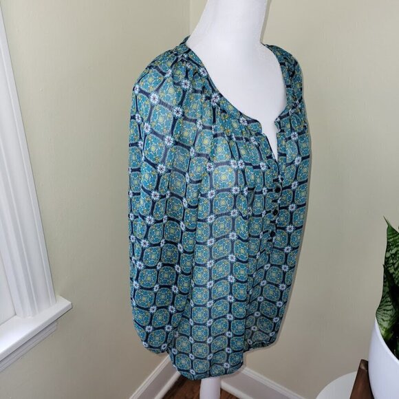 Liz Claiborne Green Blue Print Popover 3/4 Sleeve Boho Chiffon Blouse Women SZ L - Picture 7 of 13